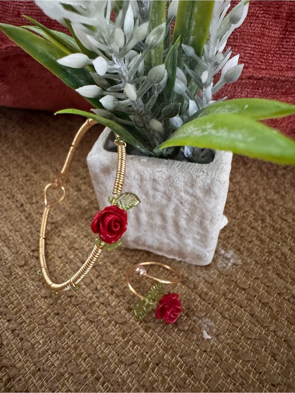 Gold-Tone Bracelet and Ring Set with Red Rose Accent by